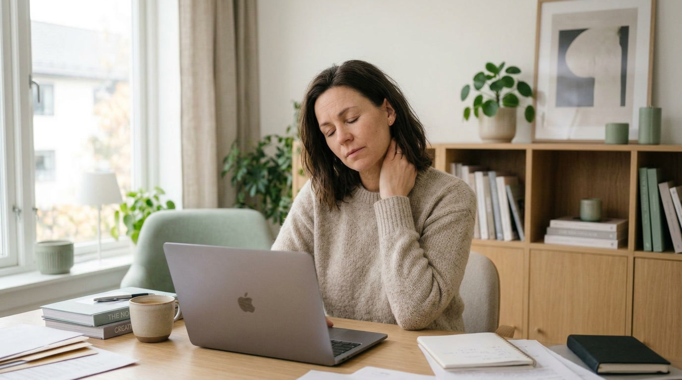 Woman rubbing her stiff neck at a laptop