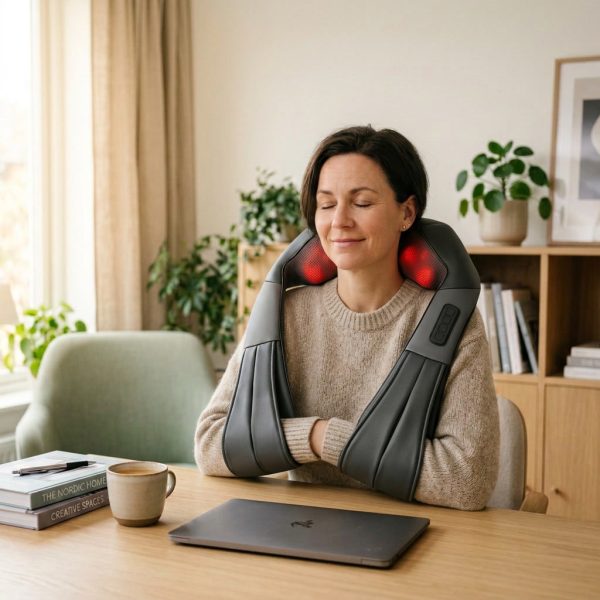 Woman relaxing at her desk with the shiatsu neck massager on her shoulders