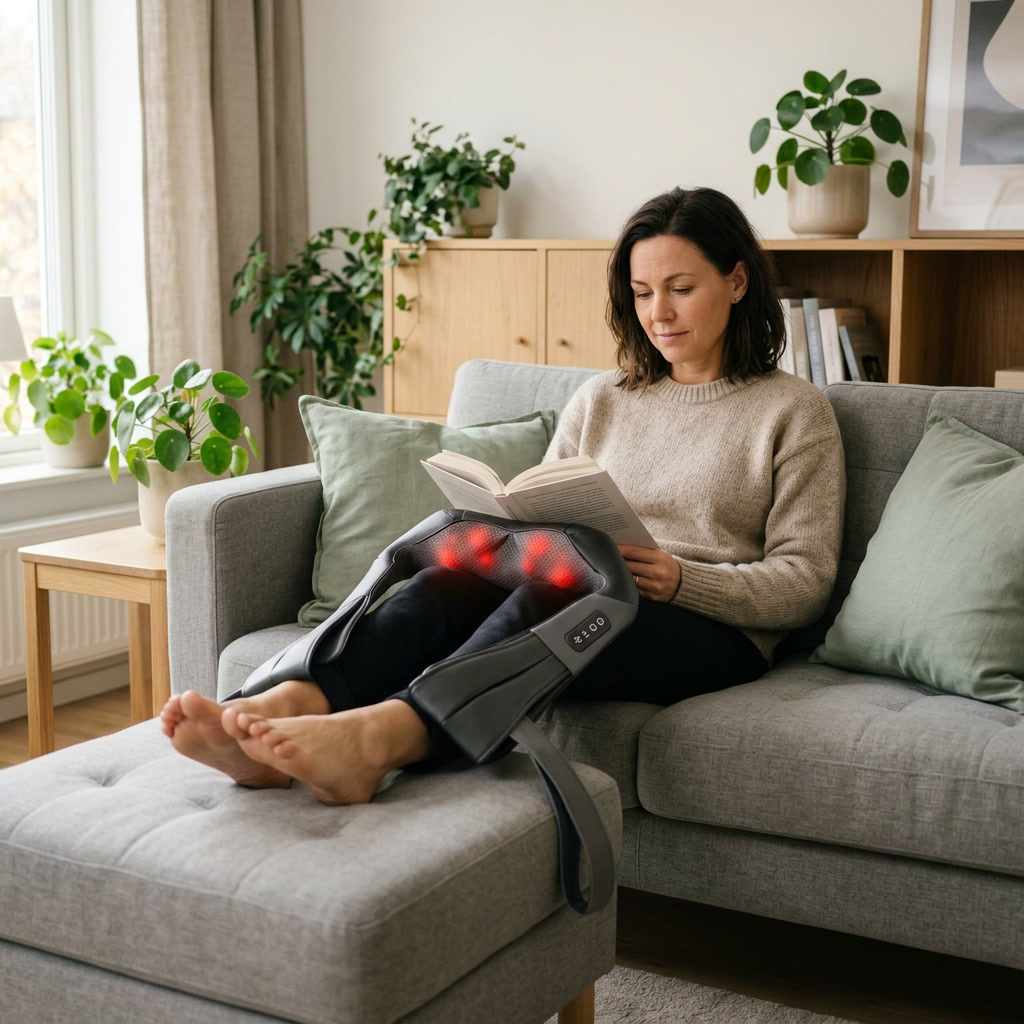 Woman reading on the sofa while using the massager on her calves