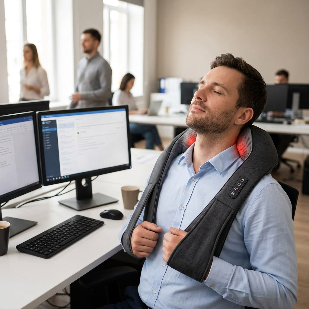 Man using a heated neck massager at his office desk