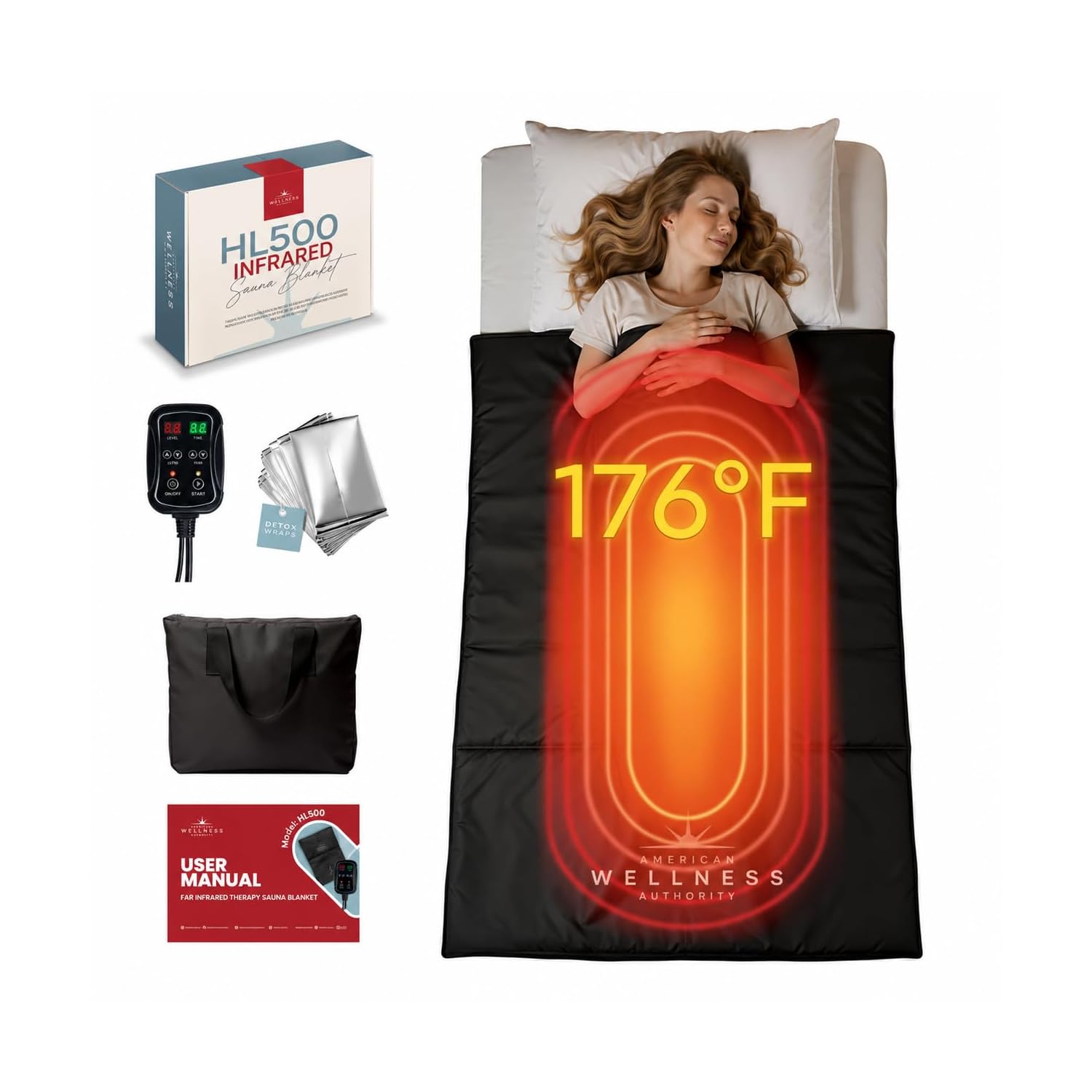 American Wellness Authority Saunas Infrared blanket with woman relaxing at 176 F LED remote and user manual