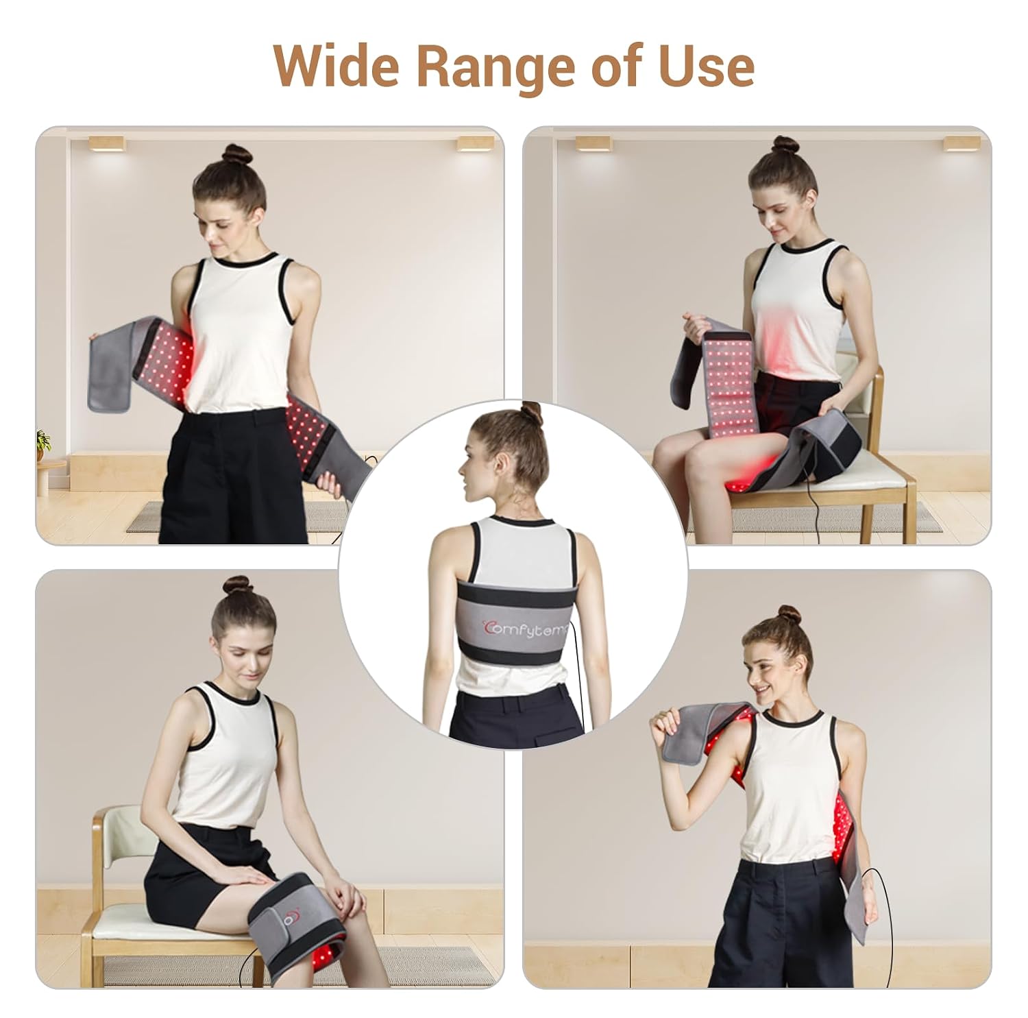 Comfytemp Light Therapy Gray Red belt shown on a woman for abdominal thigh knee and shoulder pain relief