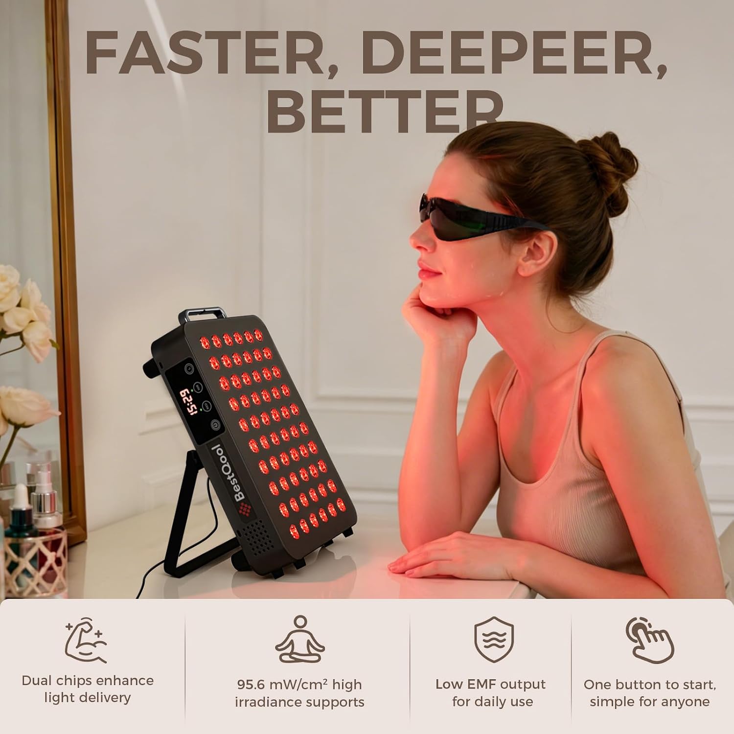 Bestqool Light Therapy Panel Woman using red light therapy panel with adjustable stand and touchscreen controls