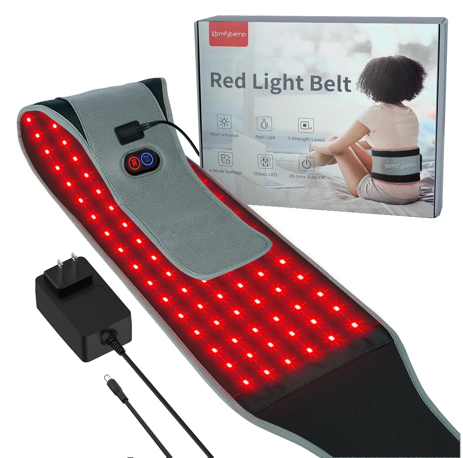 Comfytemp Light Therapy Gray Red belt featuring 126 LEDs for targeted red and near infrared light therapy