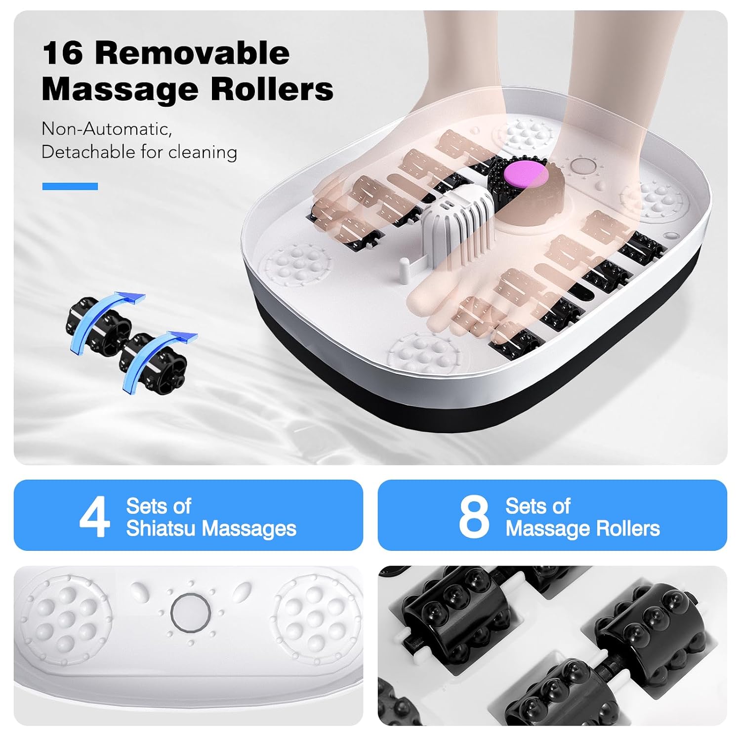 KNQZE Foot Baths Spas white collapsible foot spa with 16 removable massage rollers and shiatsu massagers