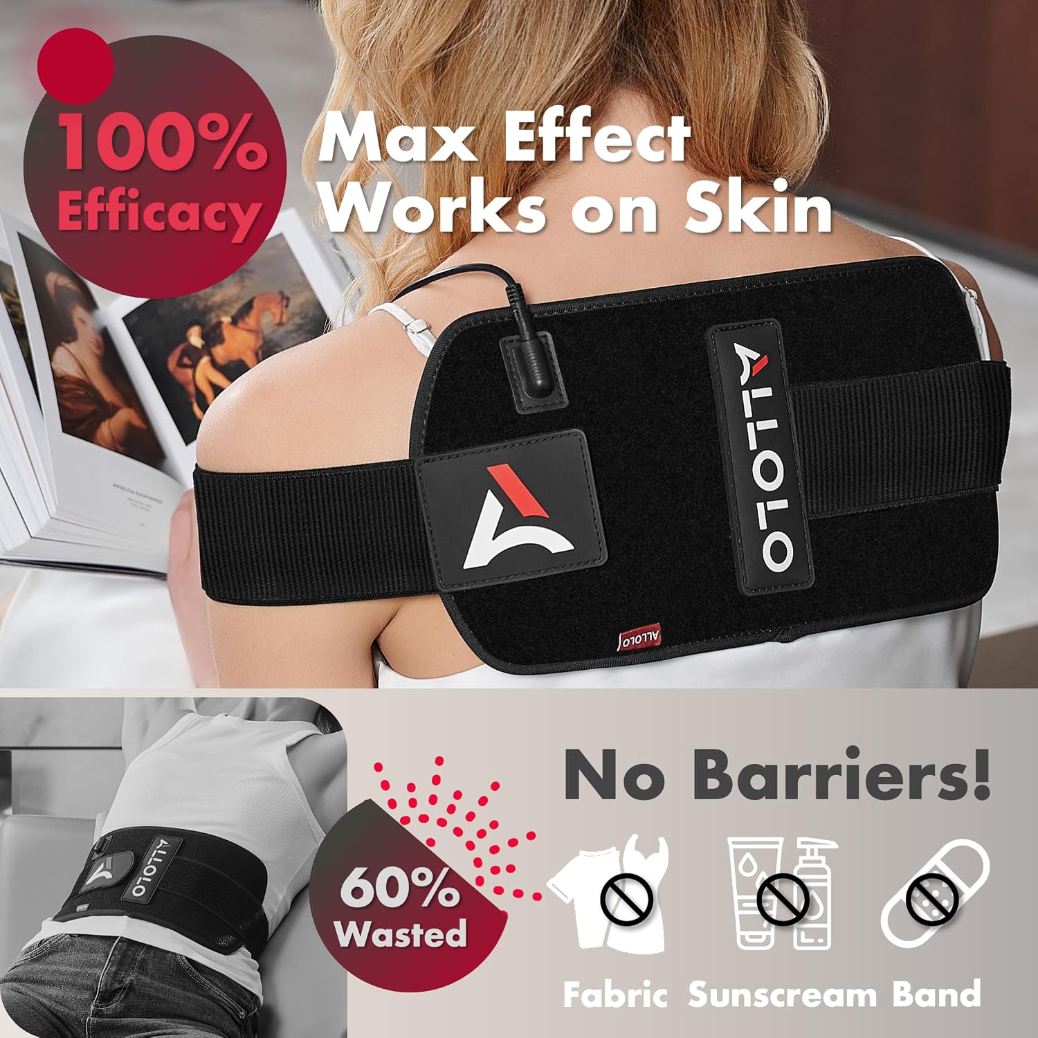 ALLOLO Light Therapy Red Light on a woman s back adjustable strap for pain relief