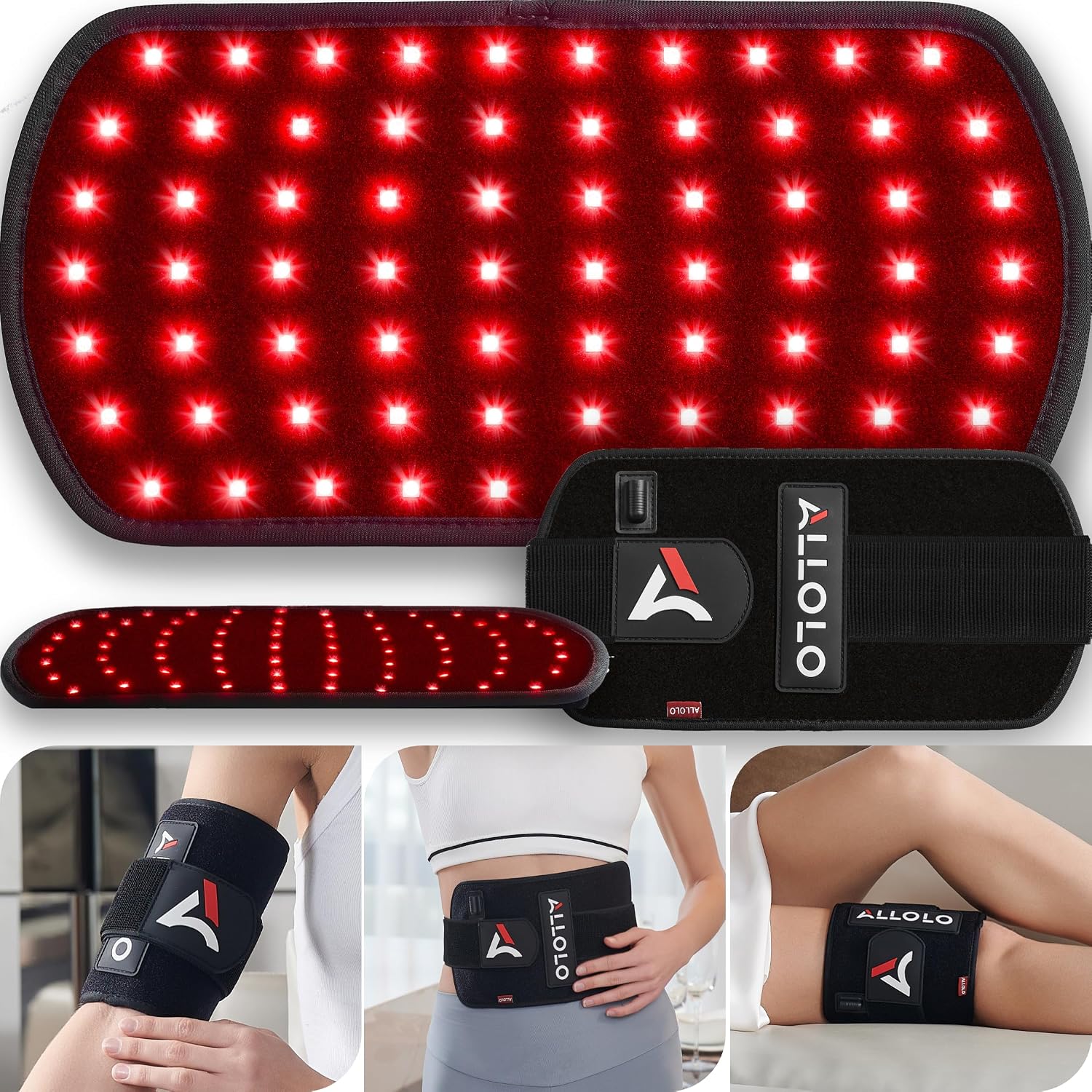 ALLOLO Light Therapy Red Light with 70 LEDs shown on arm waist and thigh for pain relief