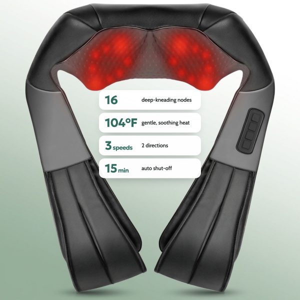 Neck massager features: 16 deep-kneading nodes, 104°F heat, 3 speeds, 15-minute auto shut-off